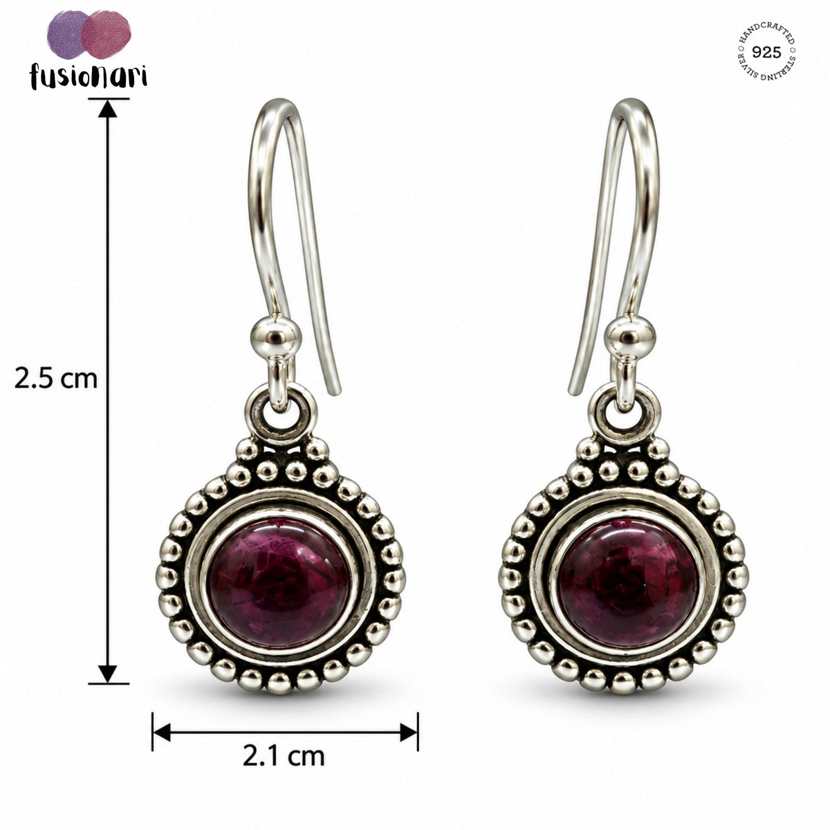 925 Sterling Silver Garnet Oxidised Round Dangle Earrings Beaded Traditional Drop Jewelry