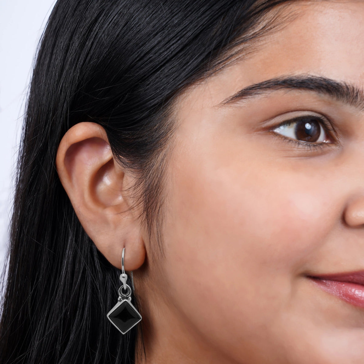 925 silver earrings in square faceted black onyx gemstone  in bezel setting handmade with ball earwire in oxidised finish.