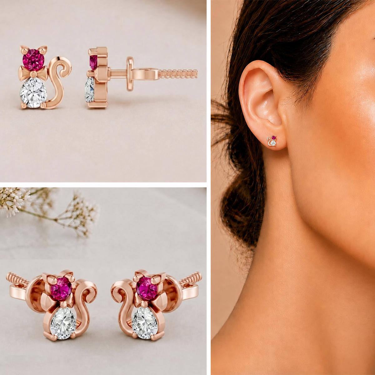 MAIRA Rosie Kitty Pink Stone 925 Sterling Silver Stud Earrings