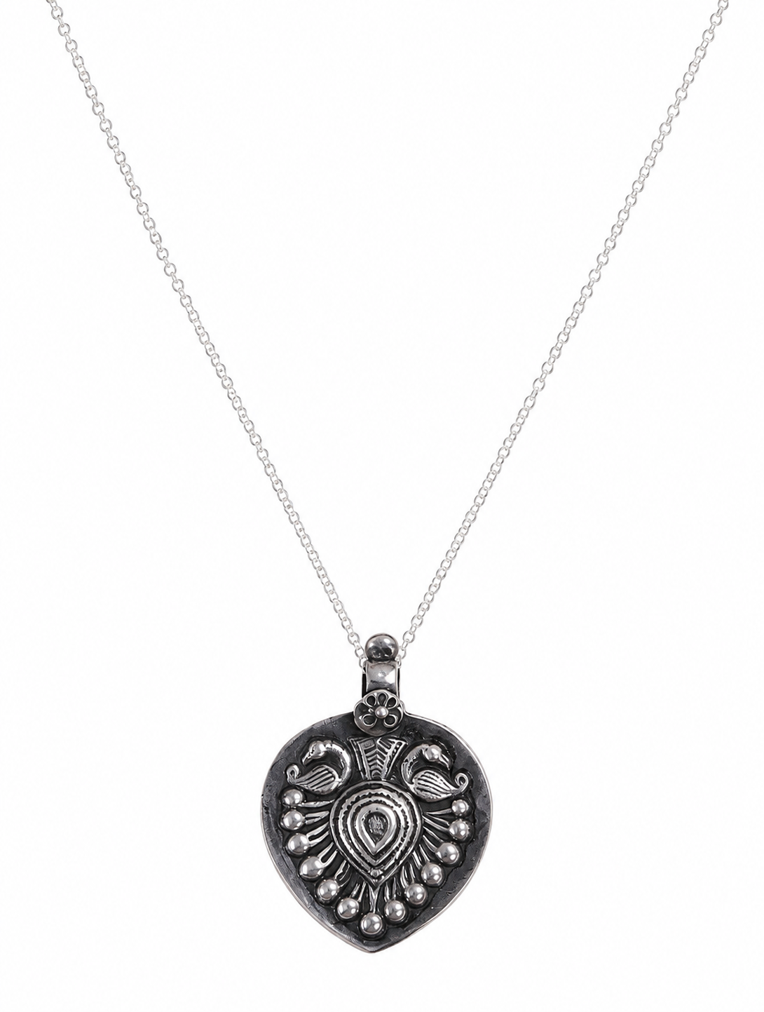 925 Sterling Silve Heart Shape Pendant Floral Carving and Ethnic Design