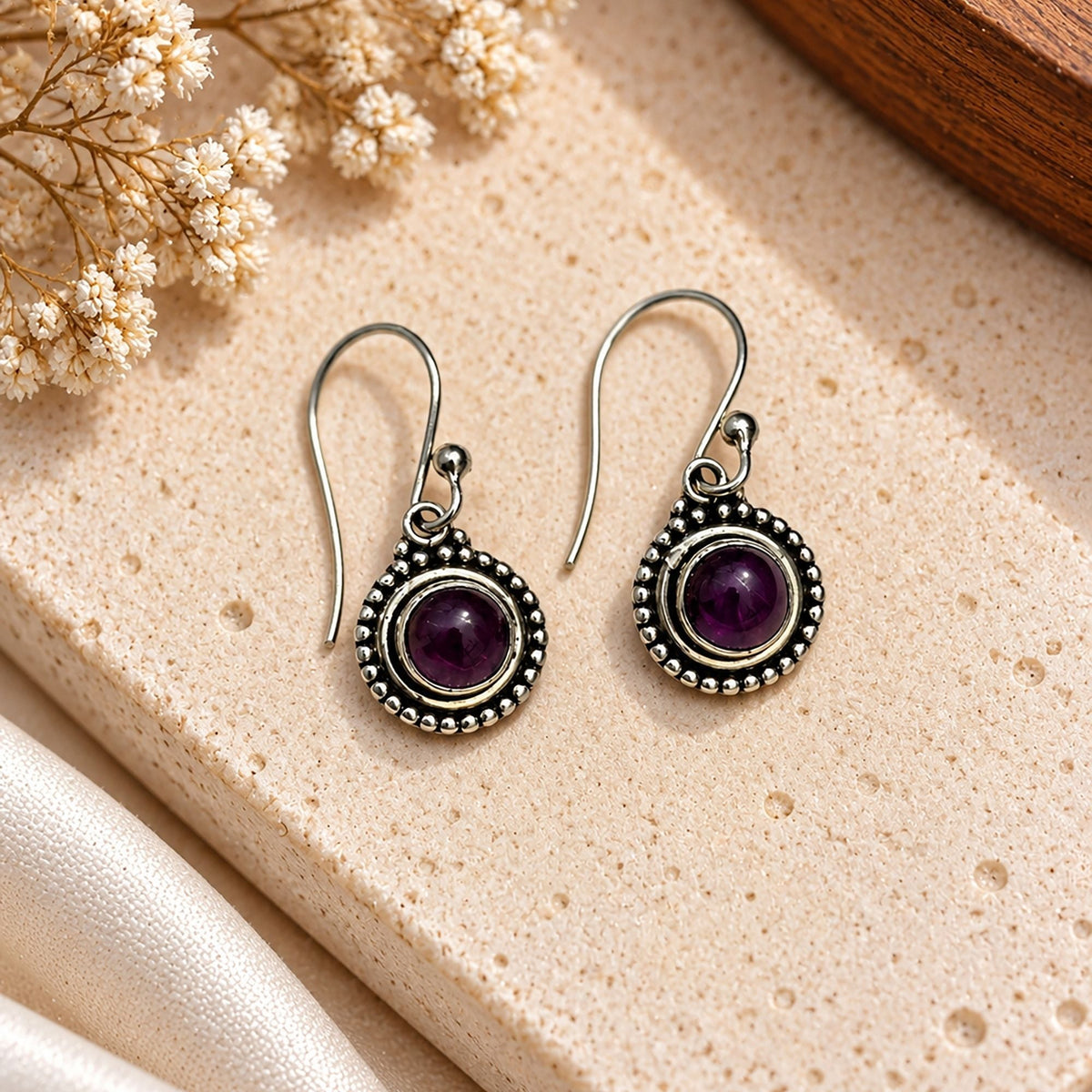 925 Sterling Silver Garnet Oxidised Round Dangle Earrings Beaded Traditional Drop Jewelry
