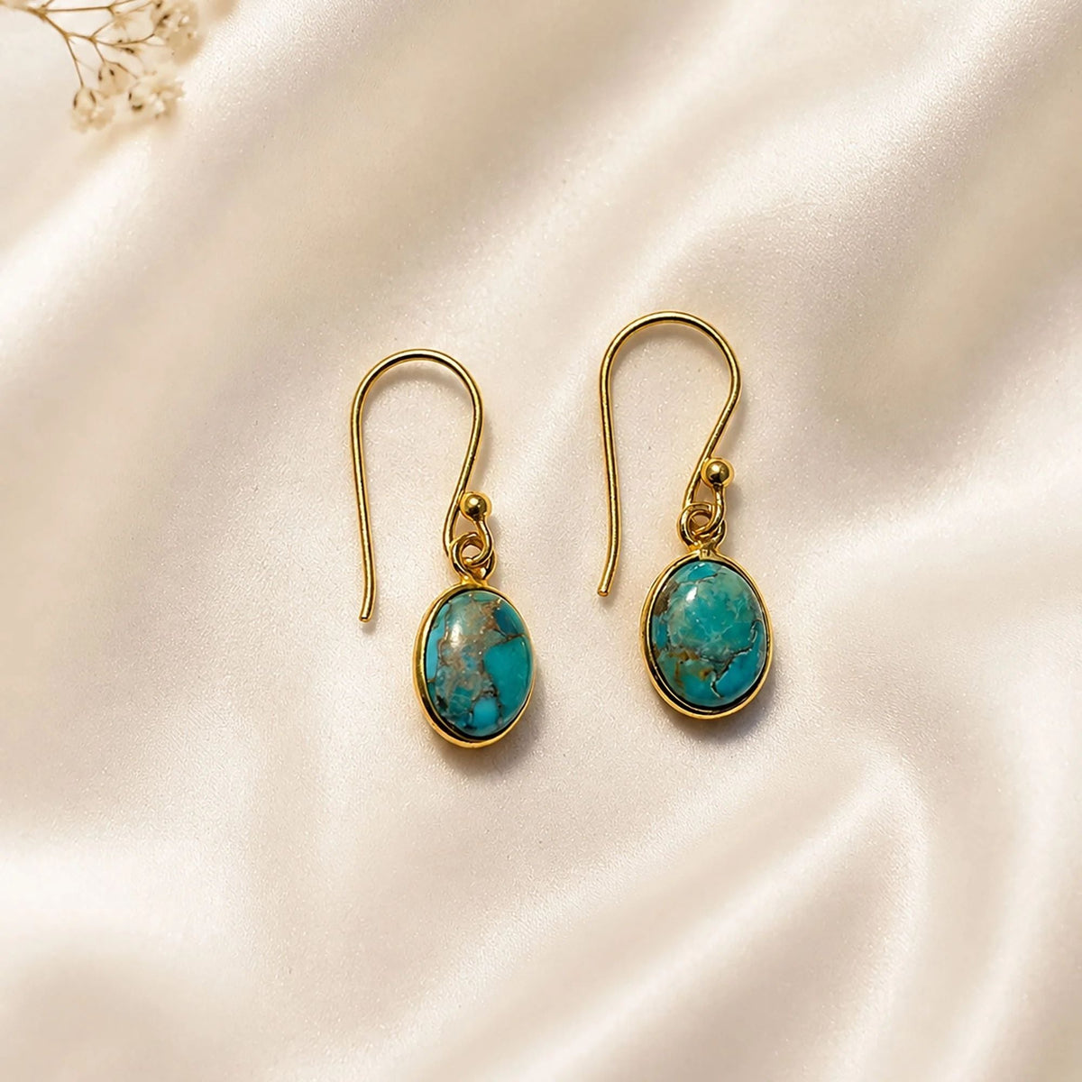 925 Sterling Silver Turquoise Gemstone Earrings Gold Plated Oval Stone Handmade Jewelry