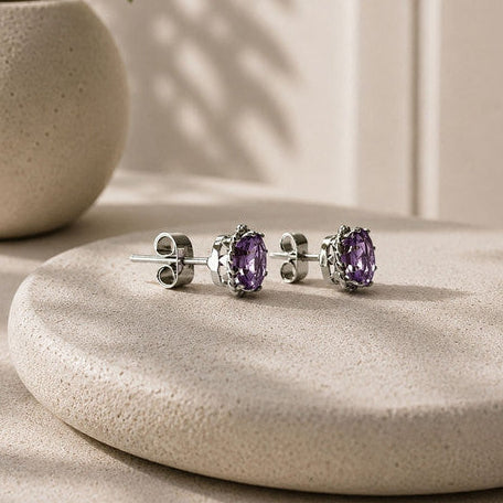 925 Sterling Silver Amethyst Stud Earrings, Purple Gemstone Push Lock