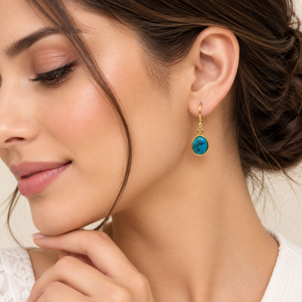 925 Sterling Silver Turquoise Gemstone Earrings Gold Plated Oval Stone Handmade Jewelry