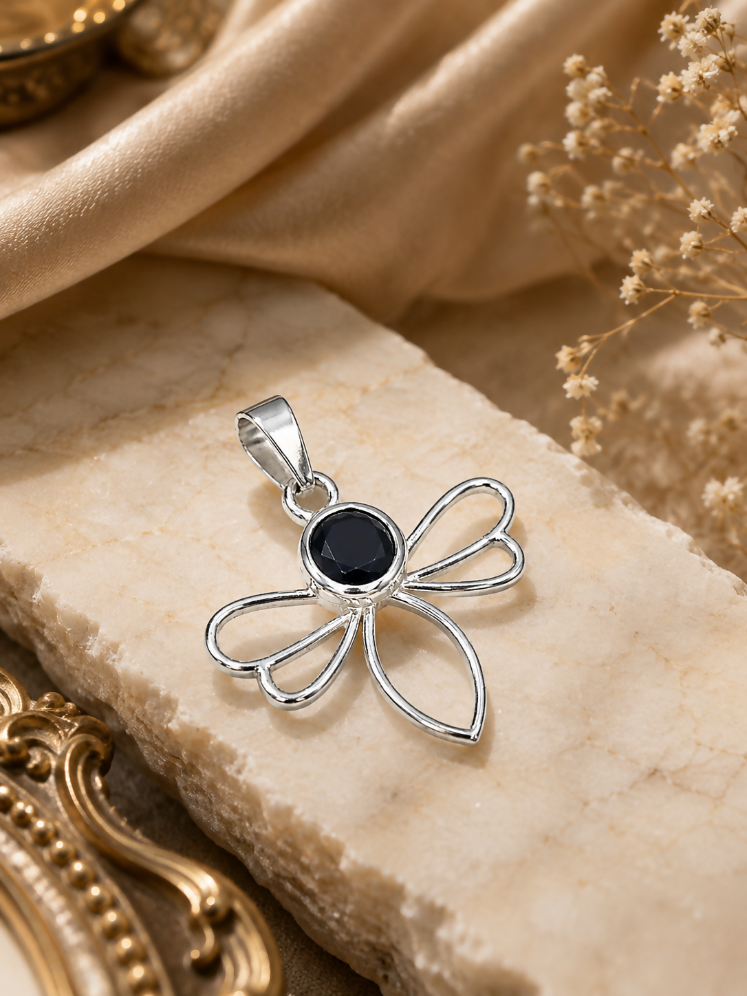 Natural Black Onyx Pendant | 925 Sterling Silver | Bee Pendant