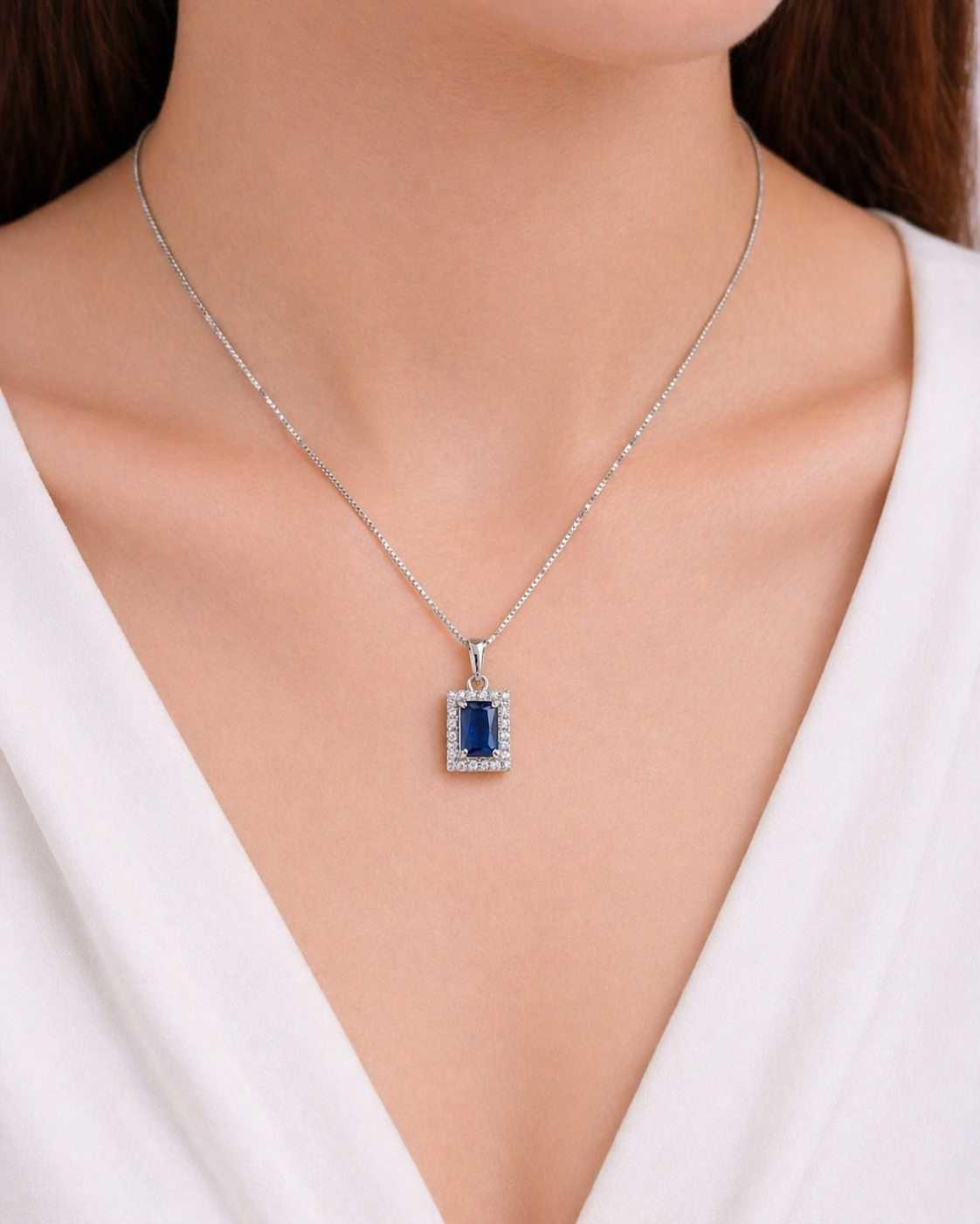 925 Sterling Silver Rhodium Plated Emerald-Cut Blue Sapphire Halo Pendant Necklace