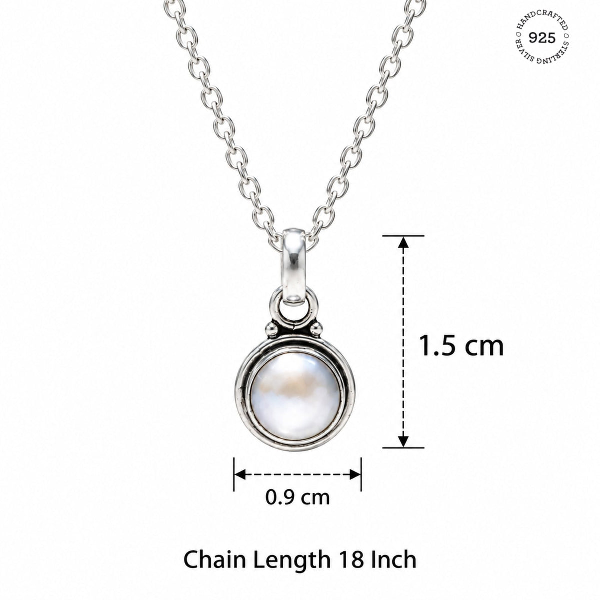 925 Sterling Silver Pearl Round Pendant Cabochon Cut Gemstone