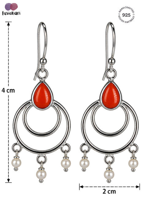 925 Sterling Silver Carnelian Stone Drop Earrings with Pearl Accents