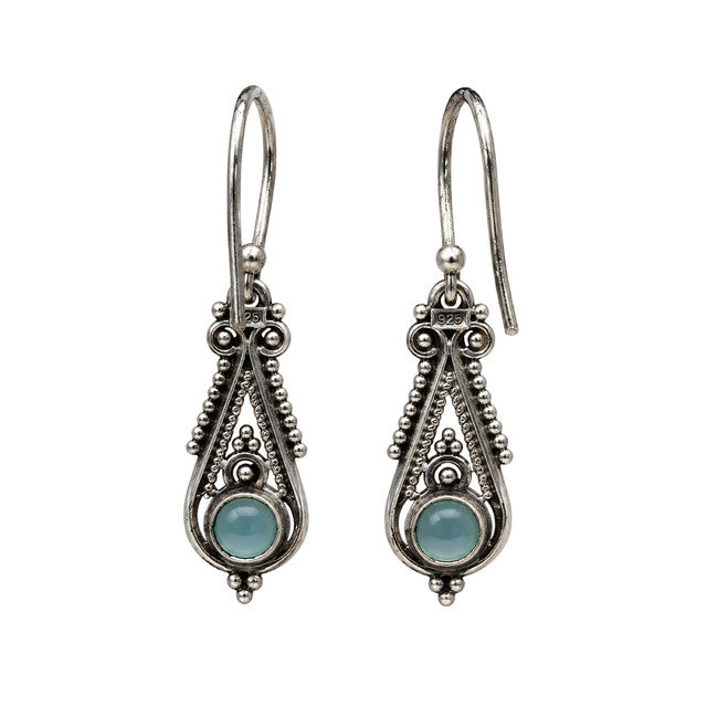 925 Sterling Silver Blue Chalcedony Drop Earrings Beaded French Hook Traditional Jewelry