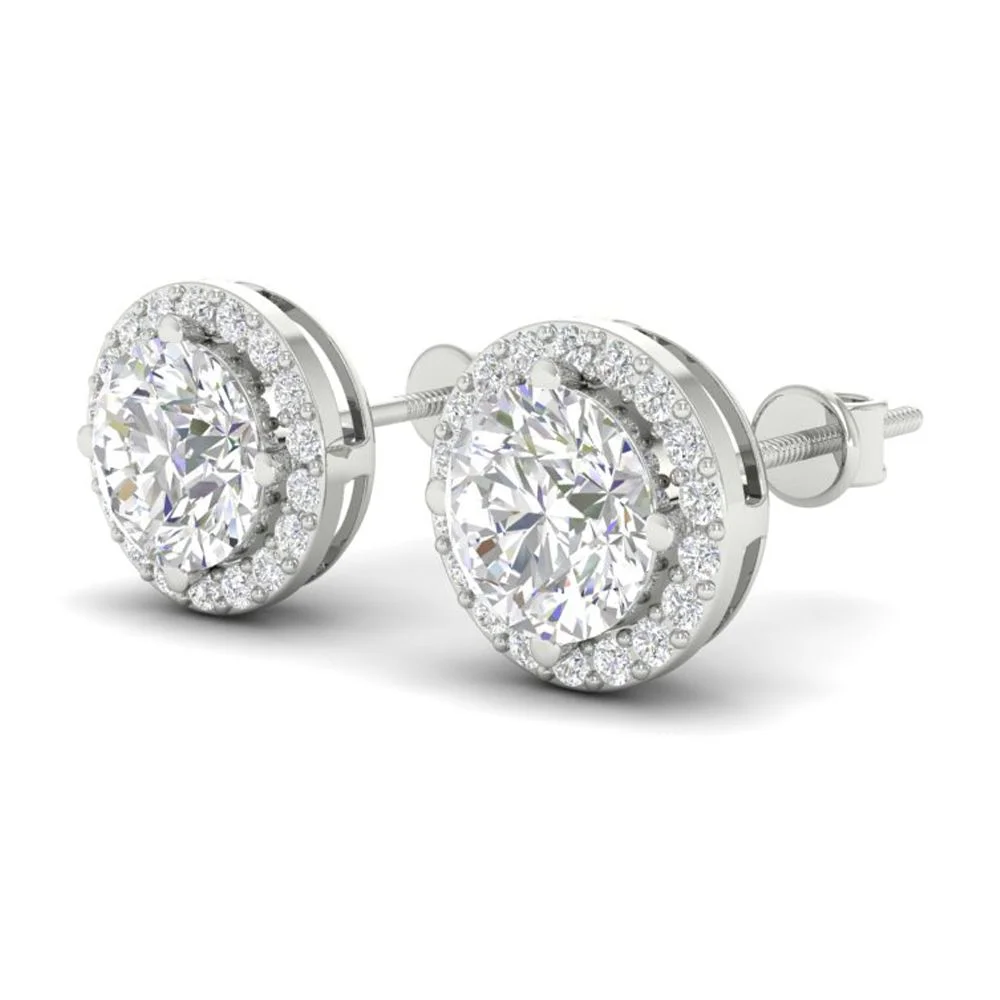 2.94Ct Round Cut Moissanite Halo Stud Earrings 14K Gold Plated Screw Back