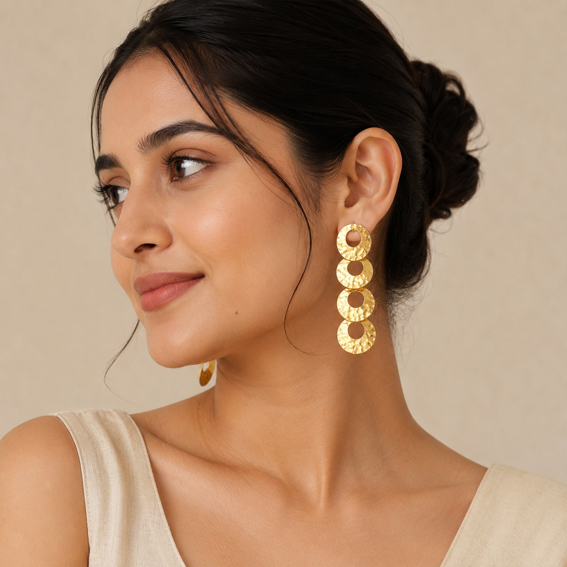 Brass Gold-Tone Hammered Circle Drop Earrings