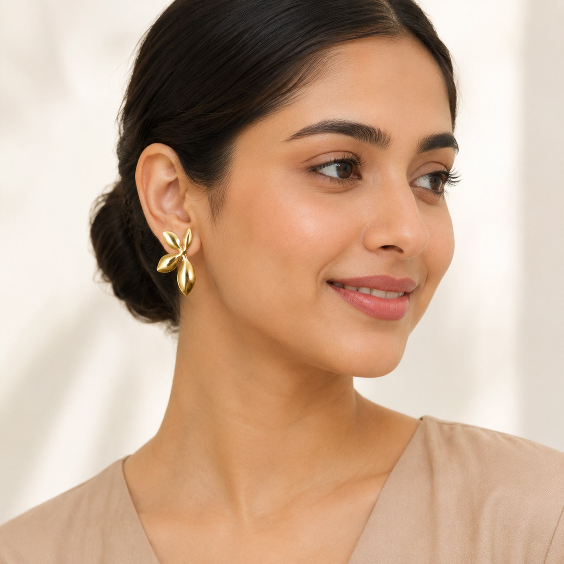 Gold-Tone Leaf Cluster Stud Earrings