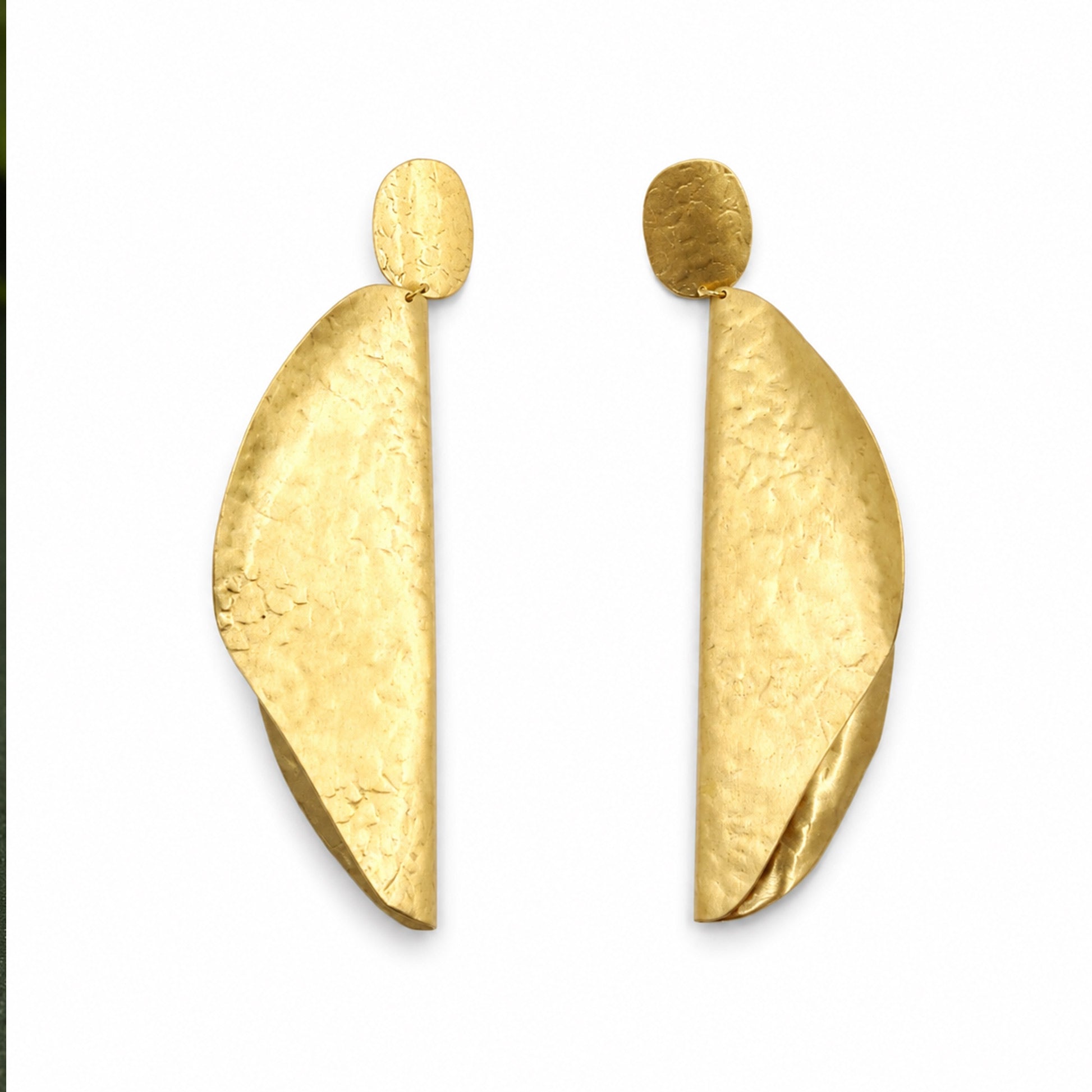 Brass Sculpted Folded Leaf Long Drop Earrings