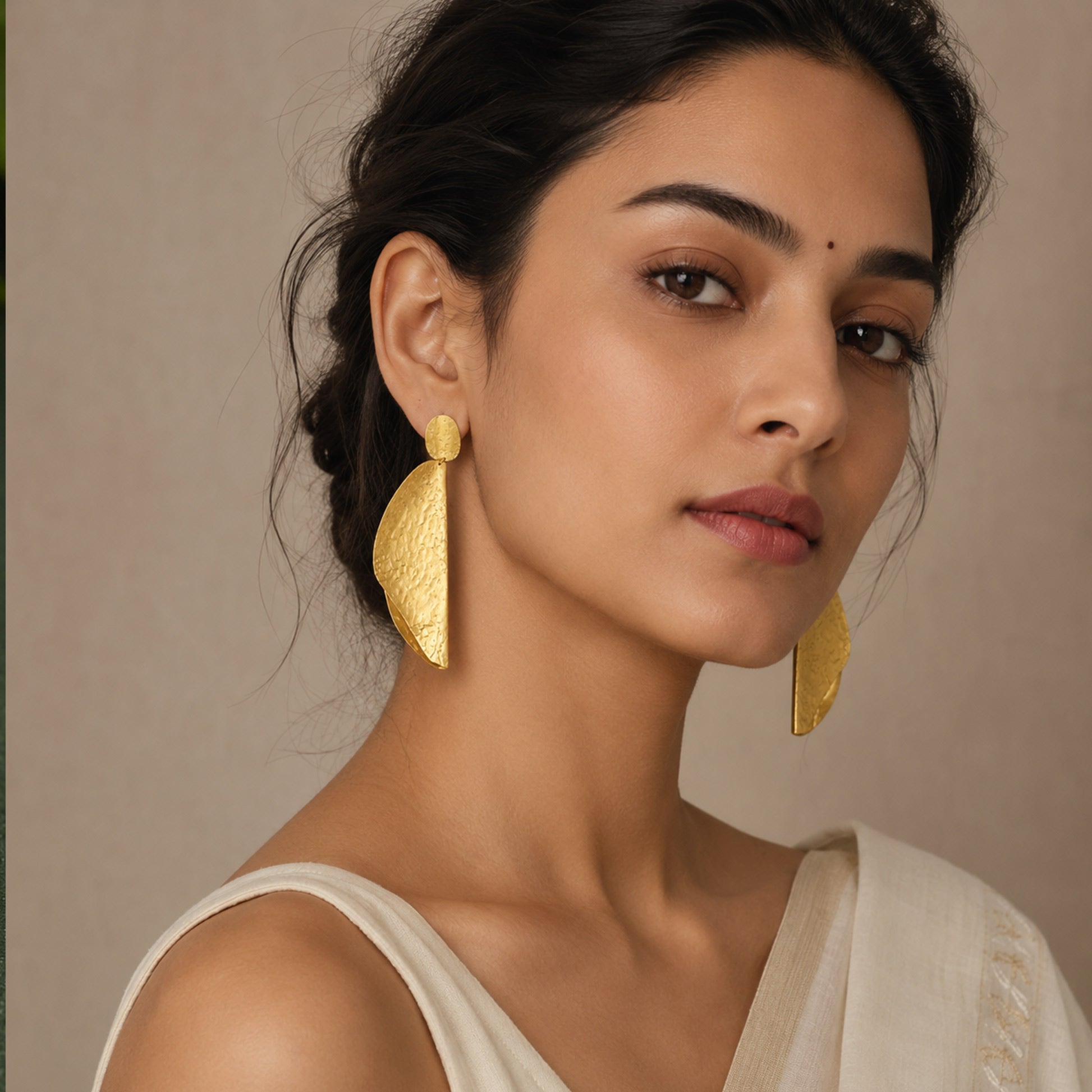 Brass Sculpted Folded Leaf Long Drop Earrings