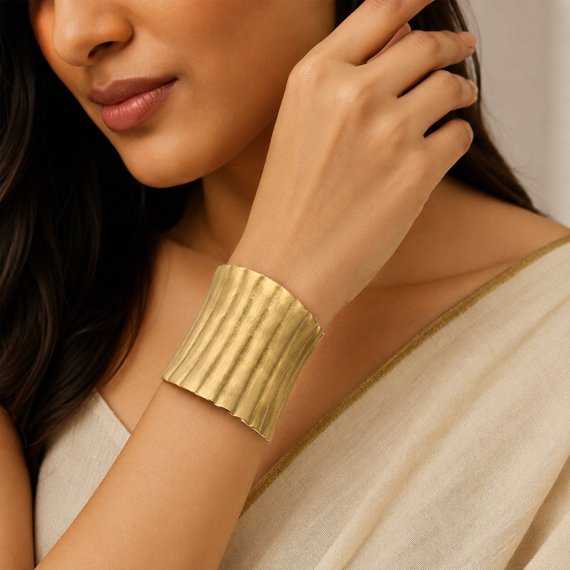 Brass Ribbed Texture Wide Open Cuff Bracelet