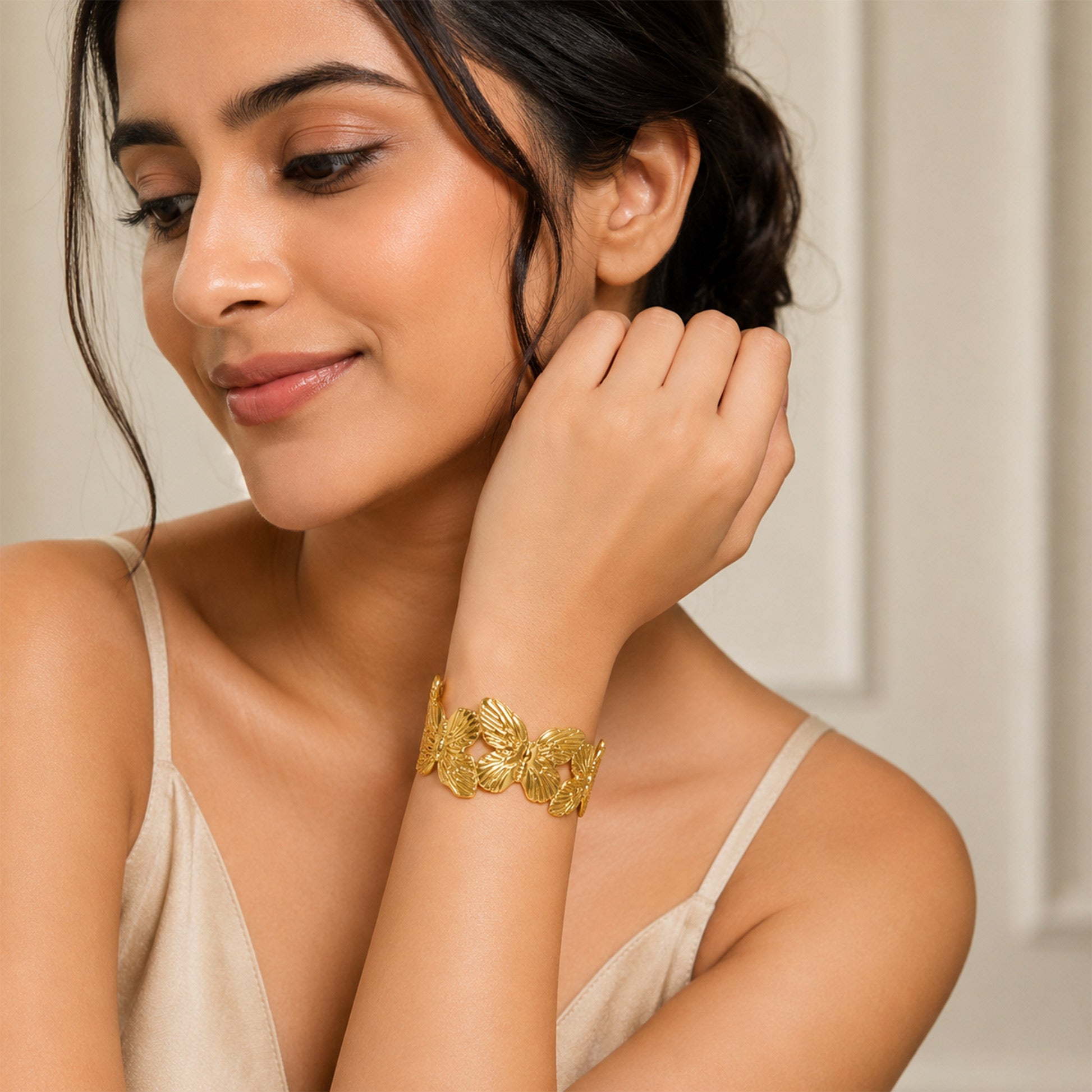Brass Textured Butterfly Open Cuff Statement Bracelet