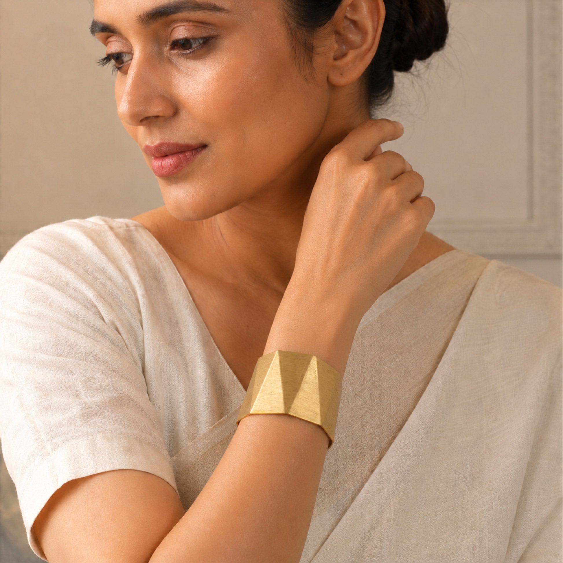 Brass Faceted Geometric Wide Open Cuff Bracelet