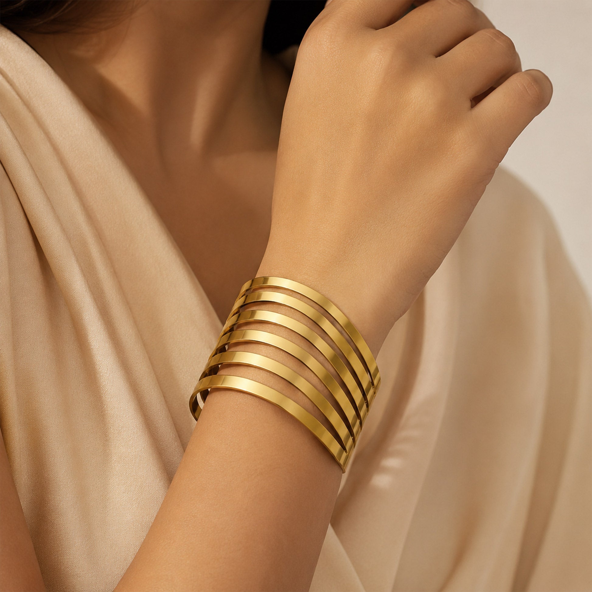 Layered Wave Multi Band Wide Open Cuff Bracelet