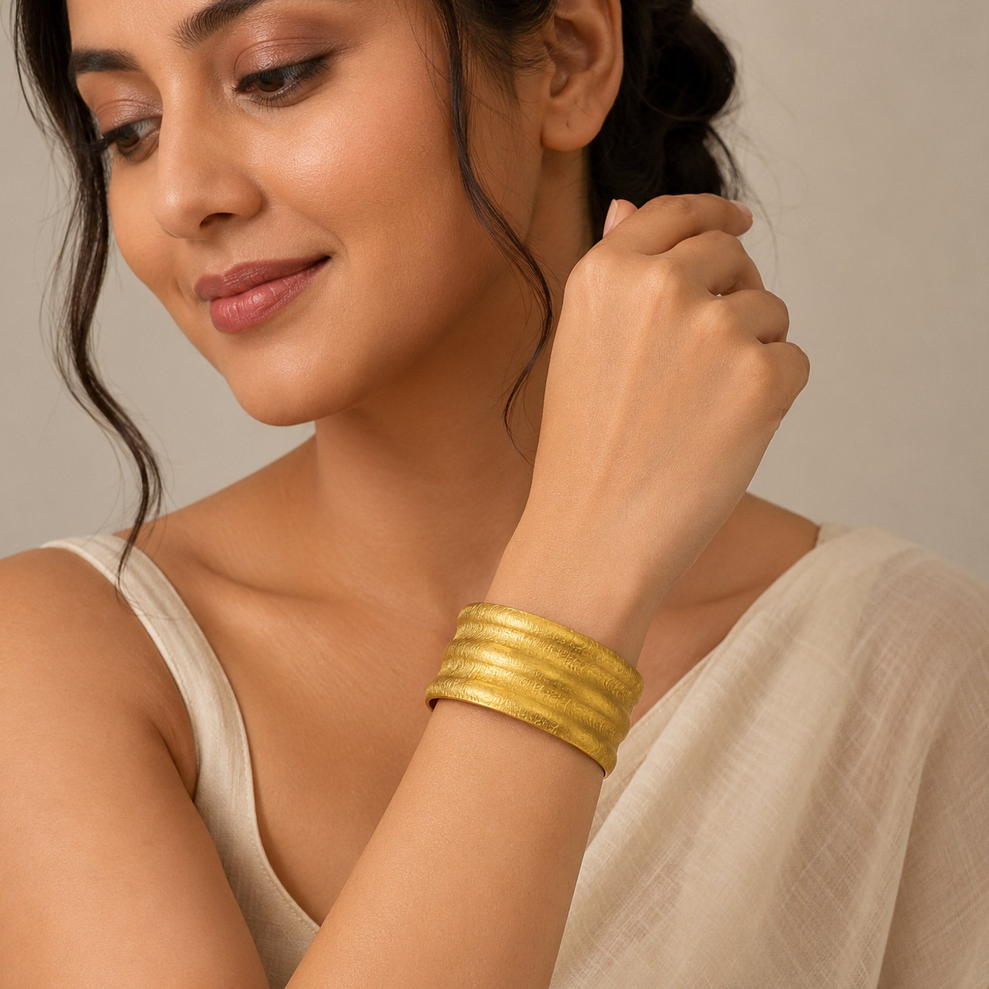 Brass Textured Triple Band Wide Open Cuff Bracelet