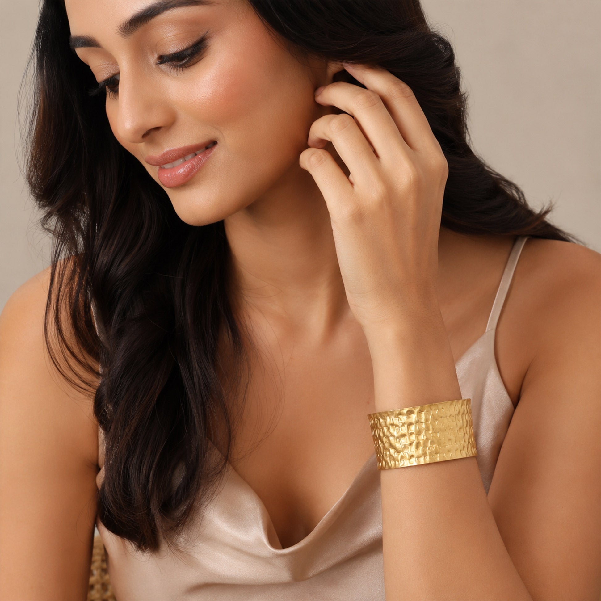 Brass Hammered Floral Texture Wide Open Cuff Bracelet