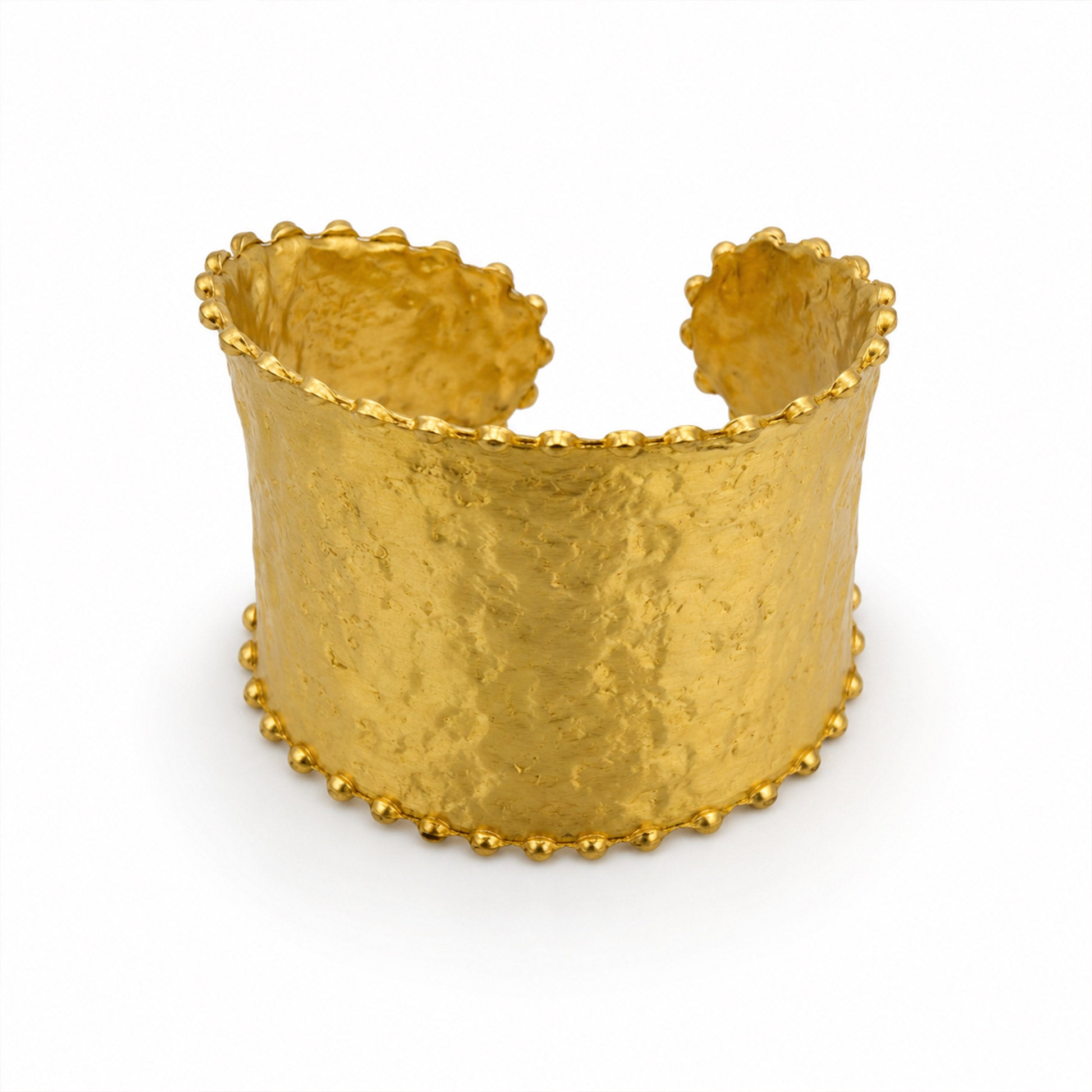 Brass Hammered Beaded Border Wide Open Cuff Bracelet