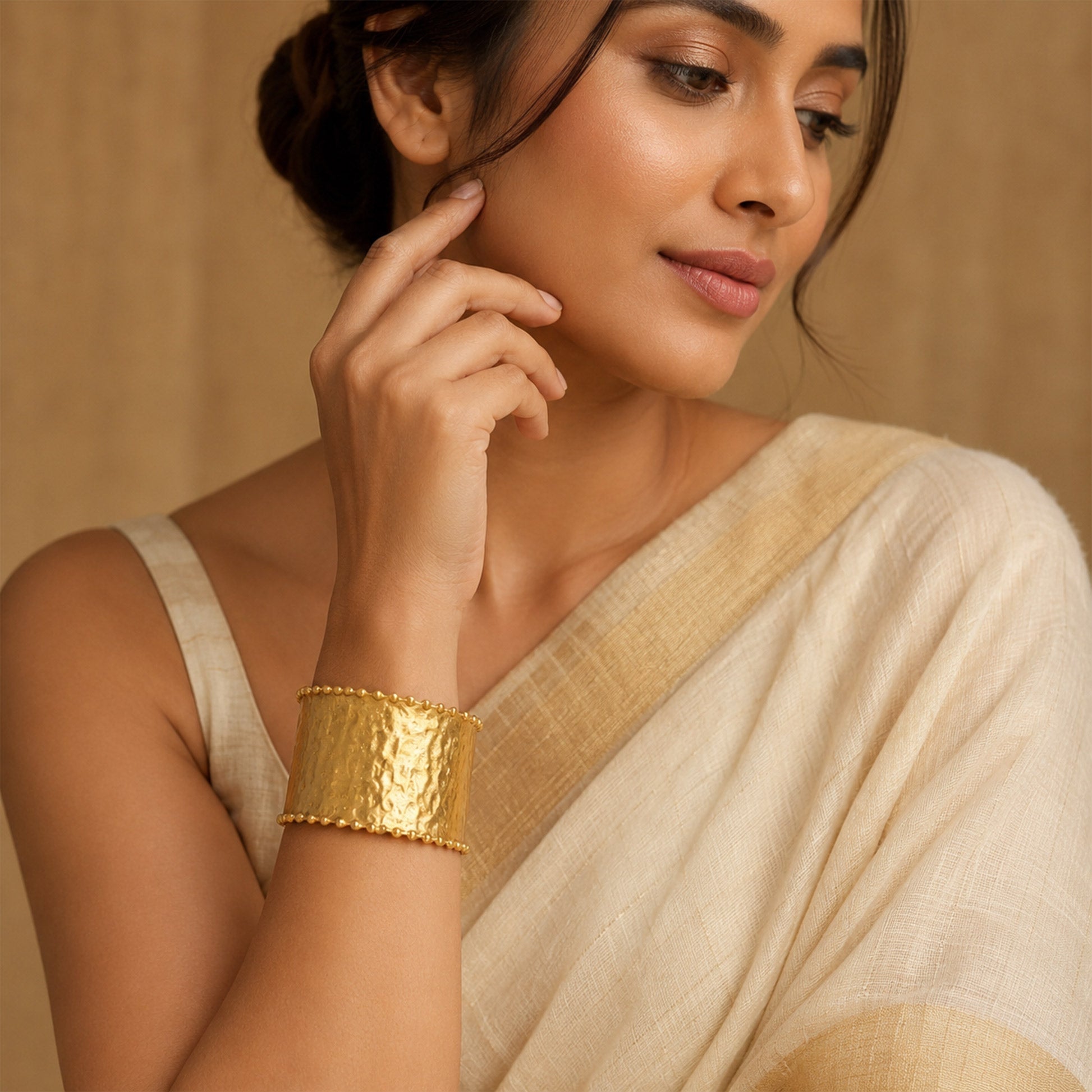 Brass Hammered Beaded Border Wide Open Cuff Bracelet