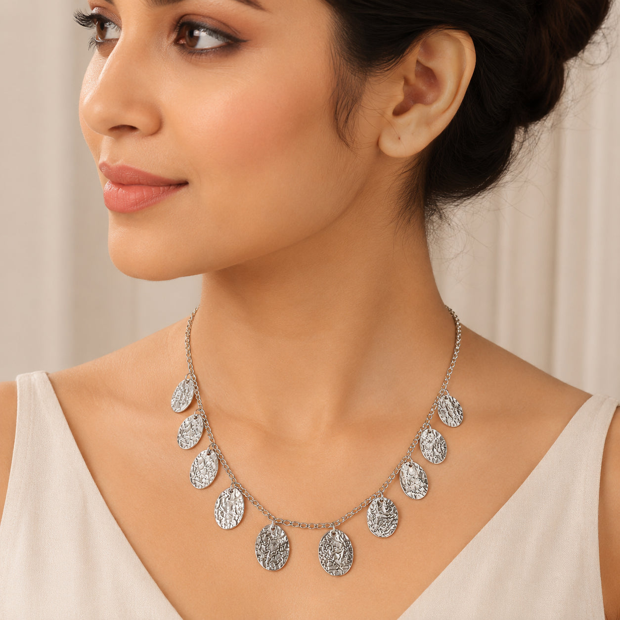 Multi Tone Hammered Disc Statement Necklace
