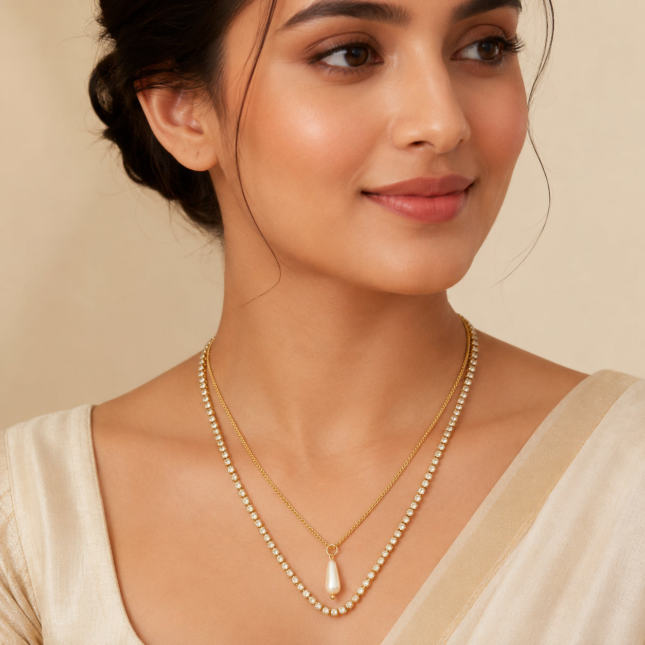 Gold Layered Pearl Drop Necklace with Stones