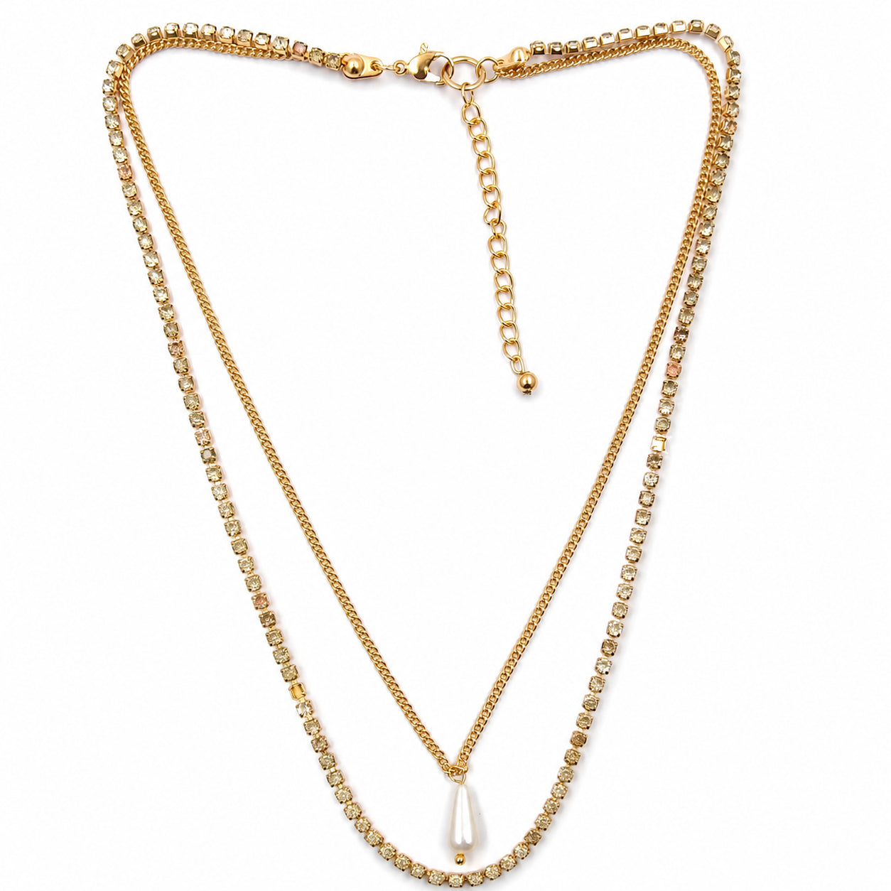 Gold Layered Pearl Drop Necklace with Stones
