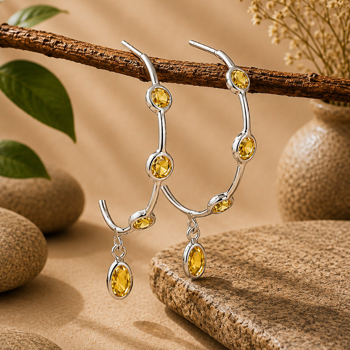 925 Sterling Silver Citrine Stone Hoop Earrings Gemstone Drop Jewelry