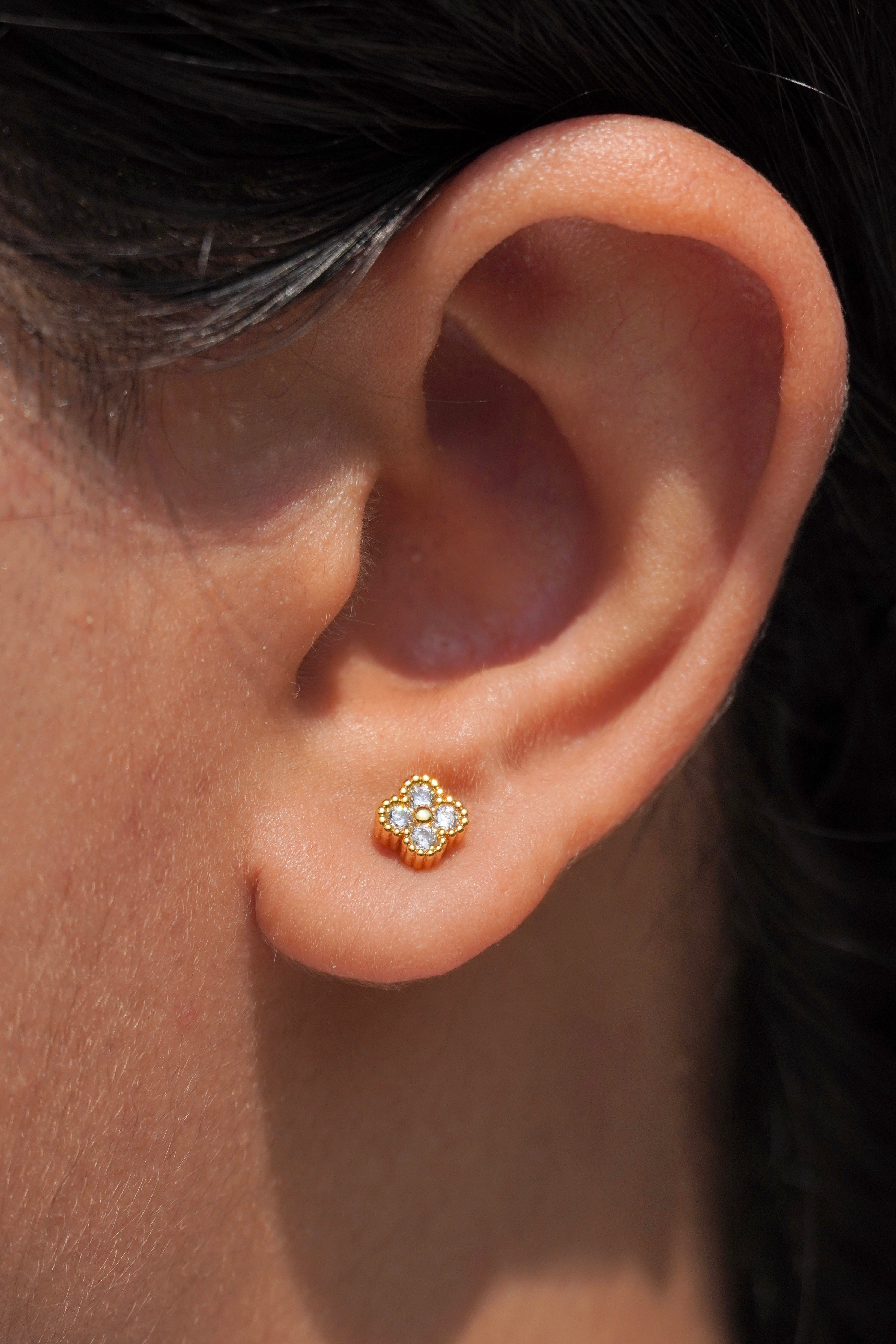 Close-up of 18k gold-plated clover stud earrings �? ball-back, lightweight, anti-tarnish design for daily wear.