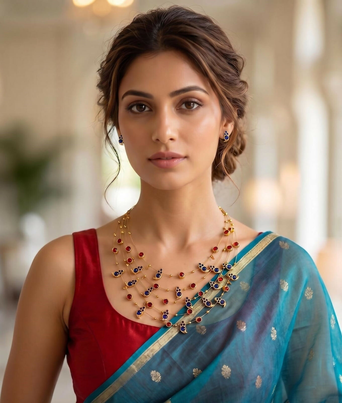 5 LAYERED PAISLEY NECKLACE SET BLUE RED