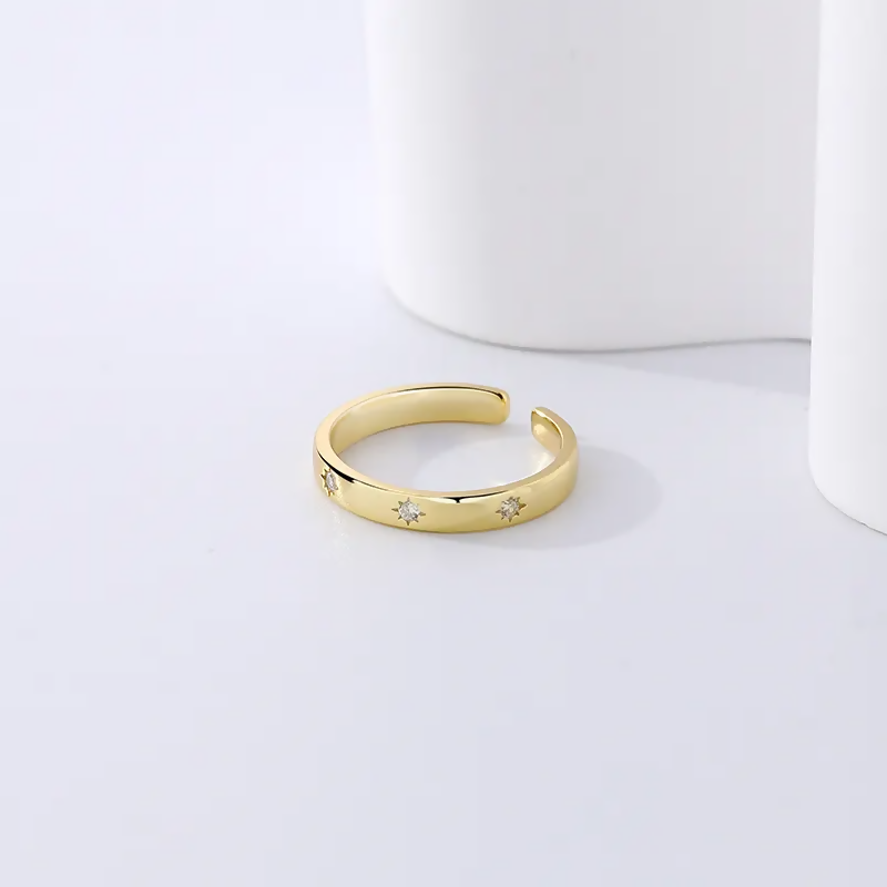 Gold Plated Star Cz Silver Band Ring, Zircon Adjustable Silver Ring For Women & Girls (Adjustable)