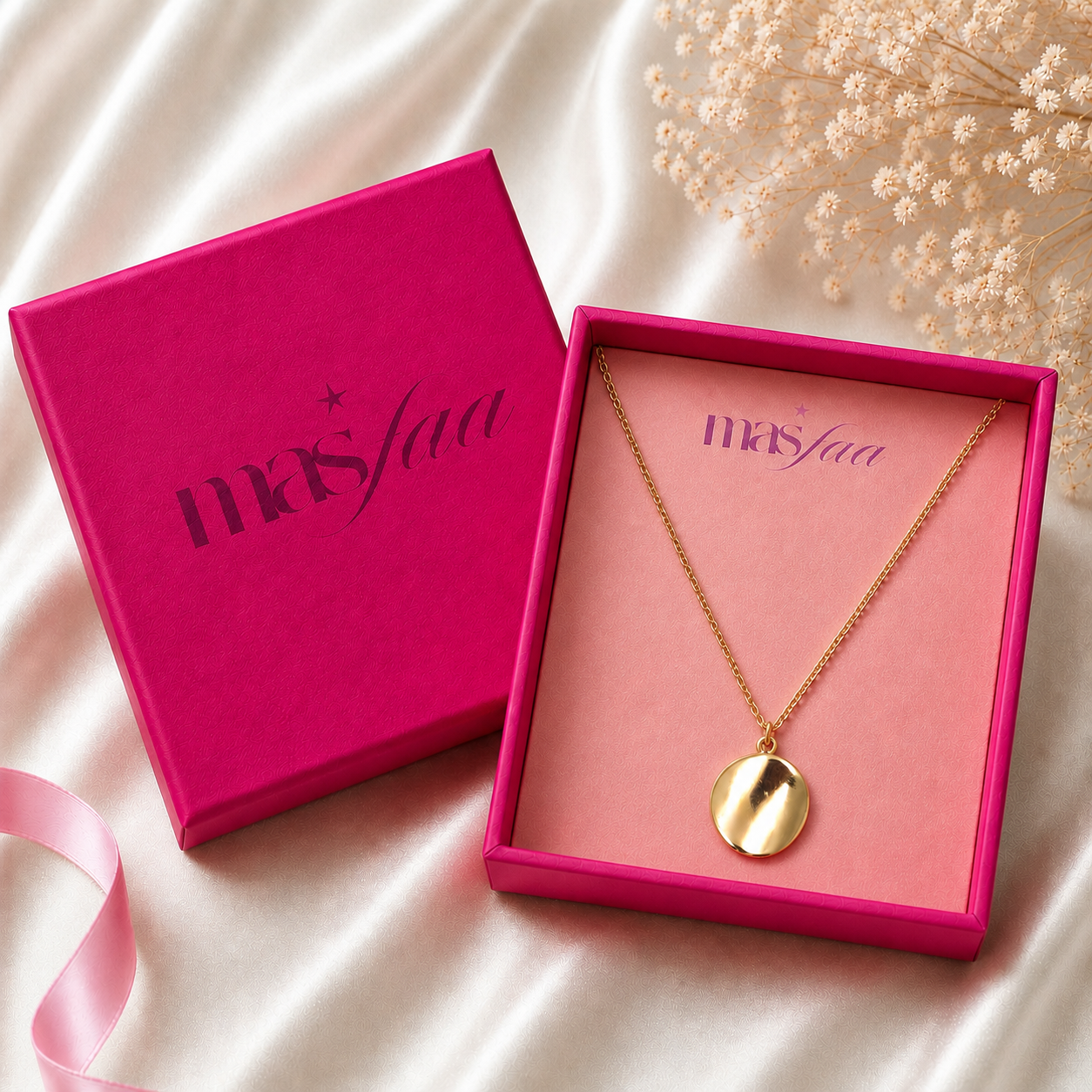 Detailed view of simple round gold pendant necklace