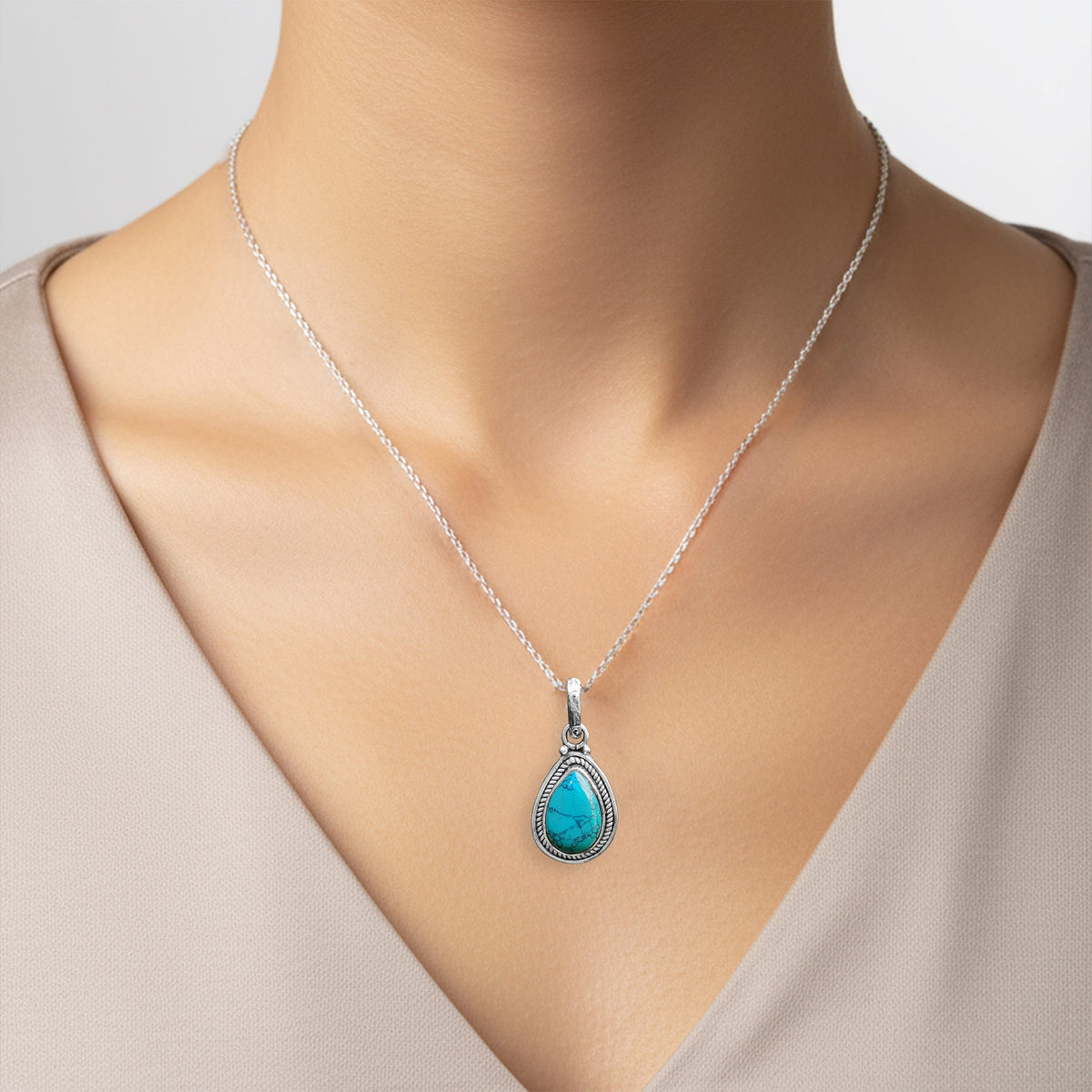 925 Sterling Silver Turquoise Pendant Necklace for Women with 18" Chain | Handmade Blue Gemstone Jewelry | Size 2.5x1.4 cm