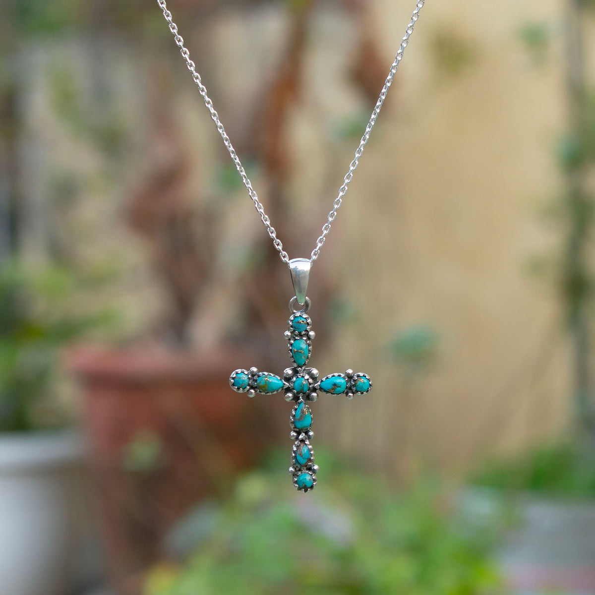 925 Sterling Silver Turquoise Cross Pendant for Women