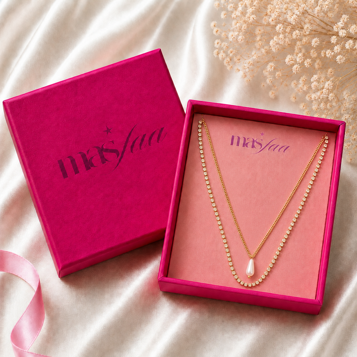 Gold Layered Pearl Drop Necklace with Stones