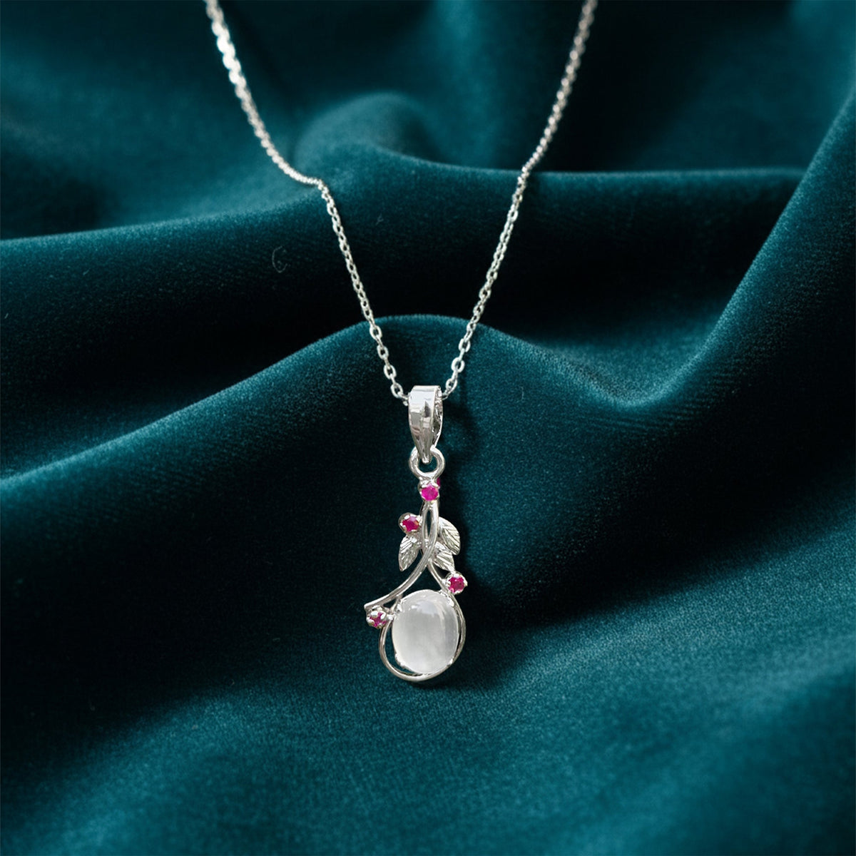925 Sterling Silver Moonstone & Ruby Pendant Necklace for Women with 18" Chain | Handcrafted White Healing Gem Jewelry | Size 3.9x1.3 cm