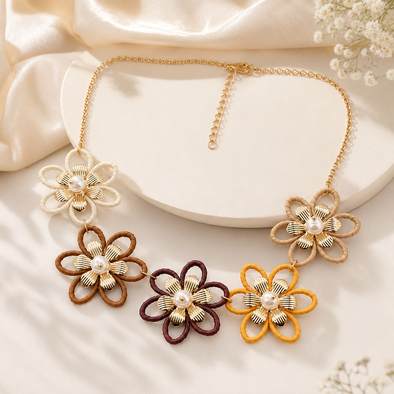 Gold plated necklace with five thread-wrapped floral motifs