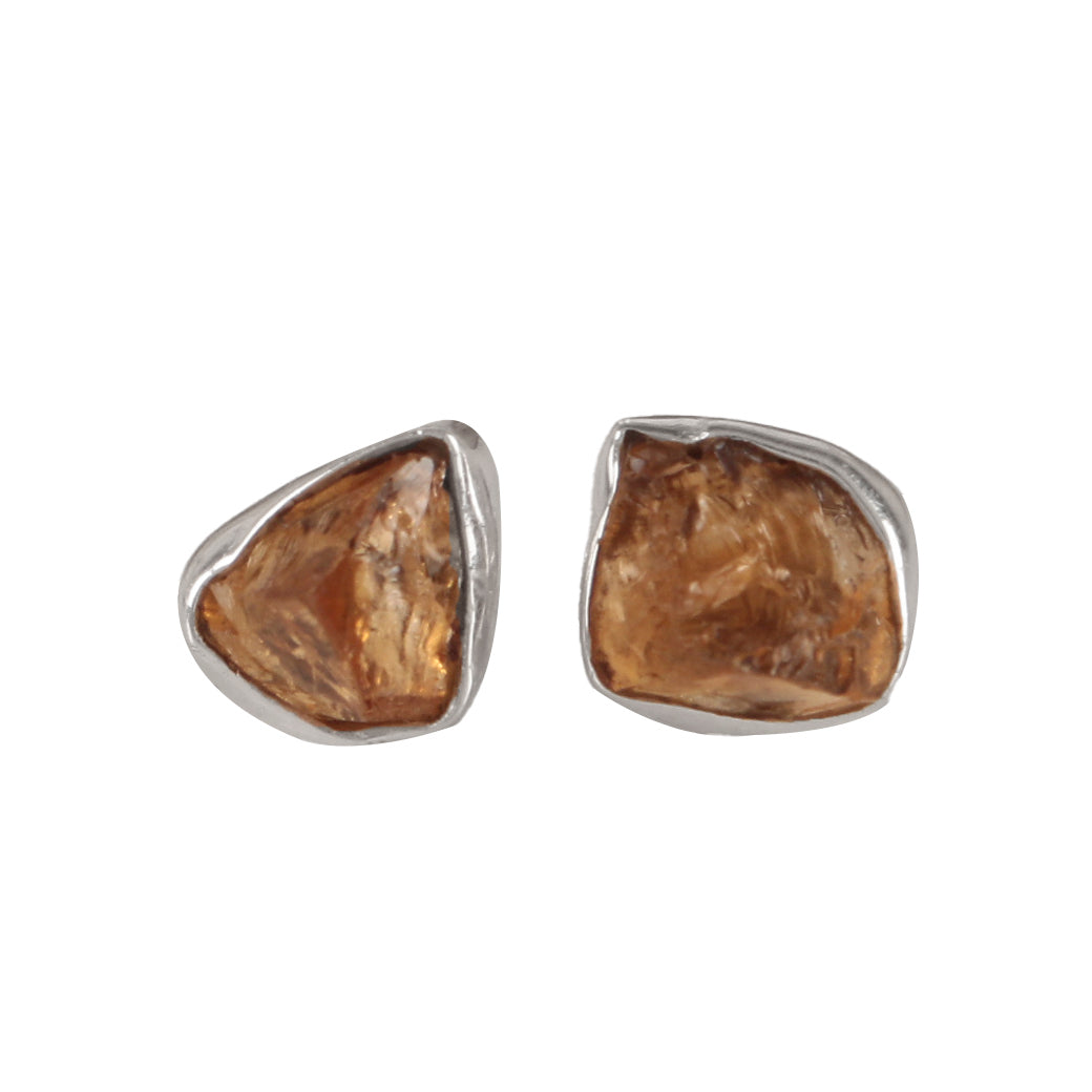 925 Sterling Silver Citrine Uncut  Stud Earrings for Women | Handcrafted uncut citrine Gemstone Push Back Eartops | Daily & Festive Wear