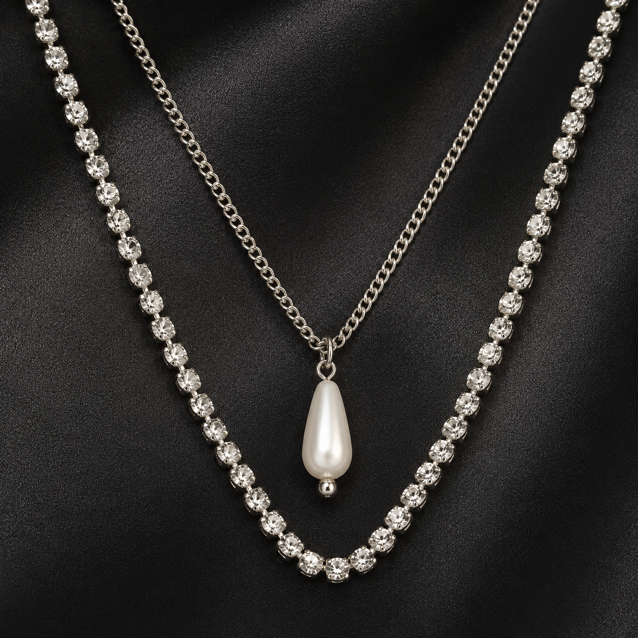 Gold Layered Pearl Drop Necklace with Stones