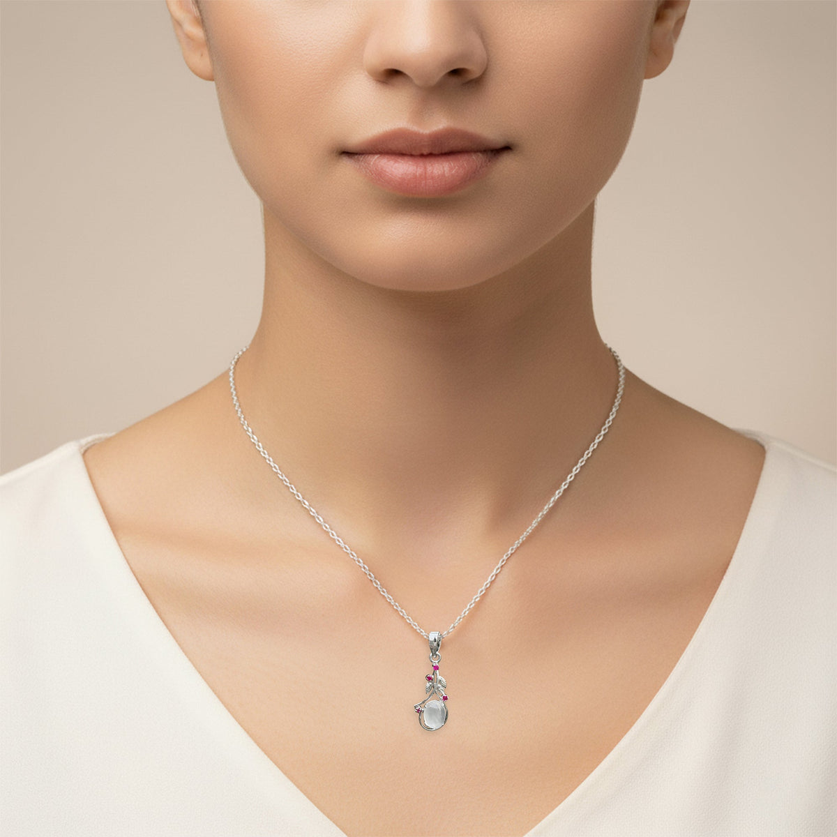 925 Sterling Silver Moonstone & Ruby Pendant Necklace for Women with 18" Chain | Handcrafted White Healing Gem Jewelry | Size 3.9x1.3 cm