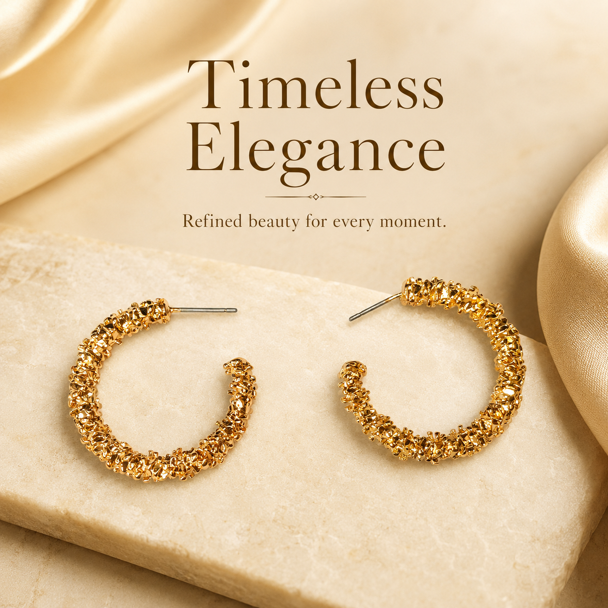 Close-up view of gold hoop earrings with textured detailing