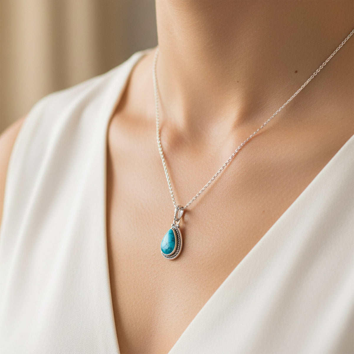 925 Sterling Silver Turquoise Pendant Necklace for Women with 18" Chain | Handmade Blue Gemstone Jewelry | Size 2.5x1.4 cm