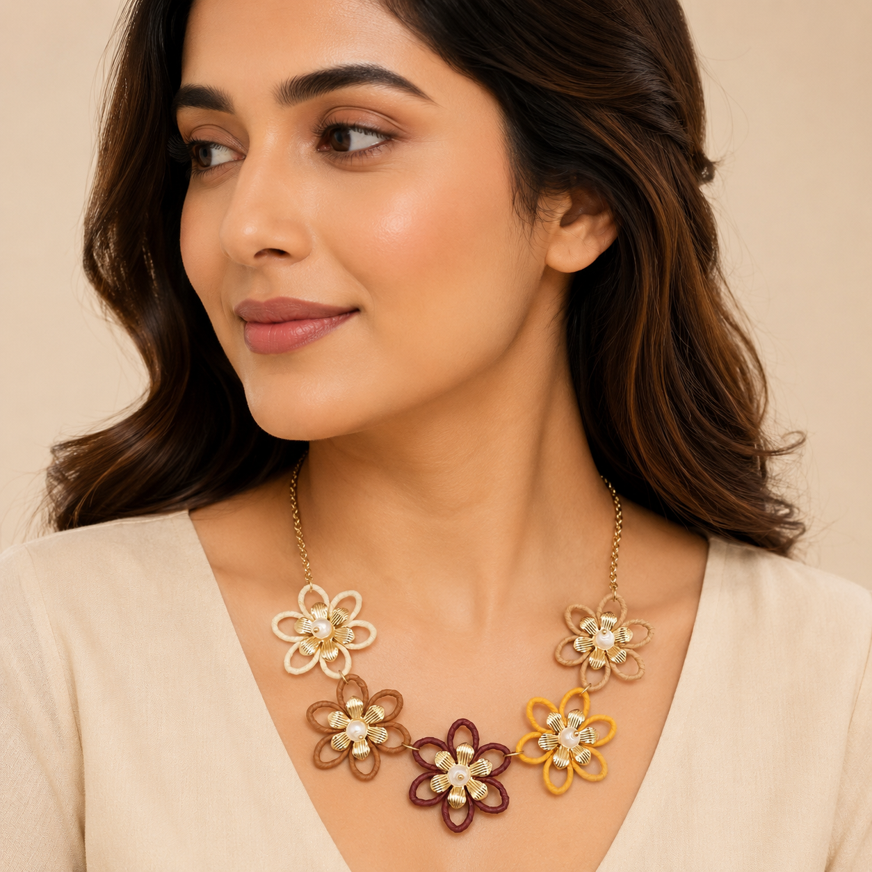 Close-up view of earthy tone flower necklace with pearl centres