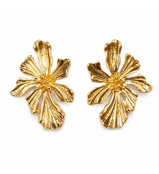 Gold textured floral stud earrings pair on white background