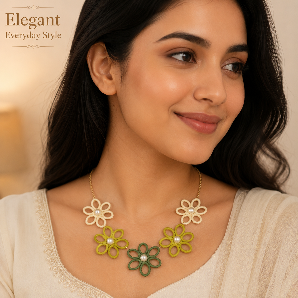 Close-up view of ivory and green flower necklace with pearl centres