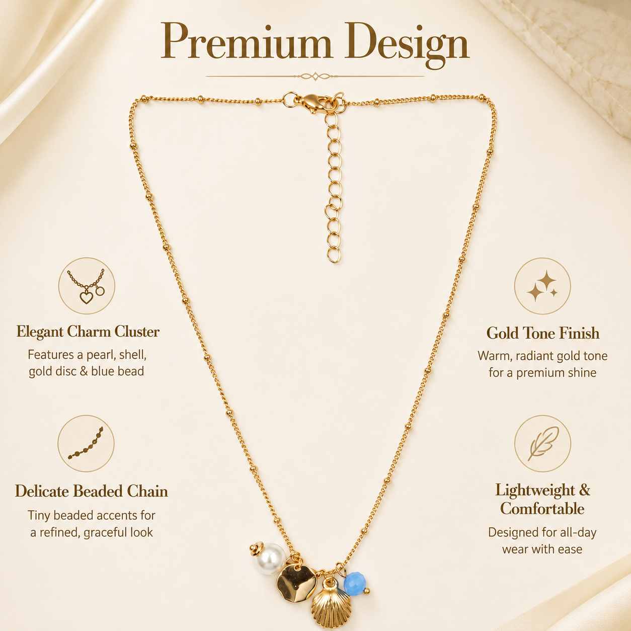 Gold plated coastal necklace with blue bead and shell pendant