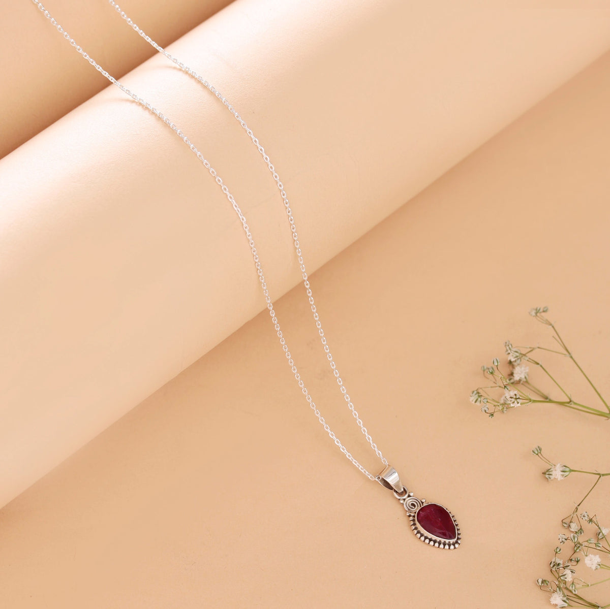 925 Sterling Silver Ruby Pendant Necklace for Women with 18" Chain | Handmade Minimalist Jewelry | Elegant Sparkling Design | Size 2.1x1 cm |