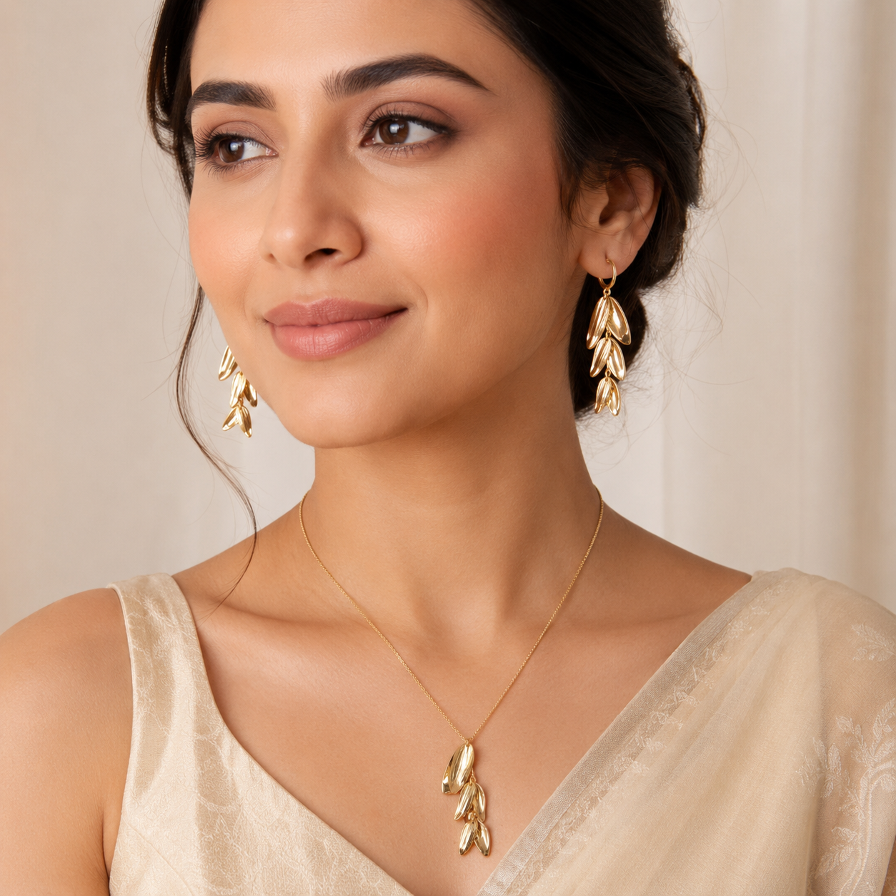 Gold Leaf Drop Jewellery Set with Necklace and Earrings